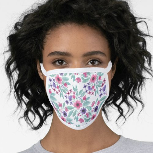 Girly Pink Purple Teal Watercolor Floral Pattern Face Mask