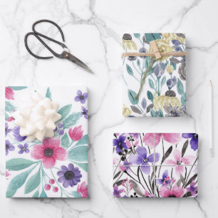 Girly Pink Purple Teal Watercolor Floral Pattern Wrapping Paper Sheets