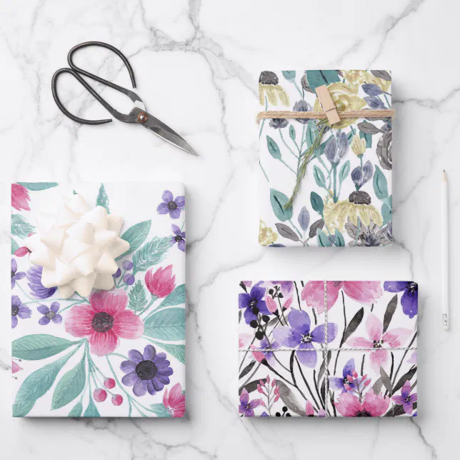 Girly Pink Purple Teal Watercolor Floral Pattern Wrapping Paper Sheets ...