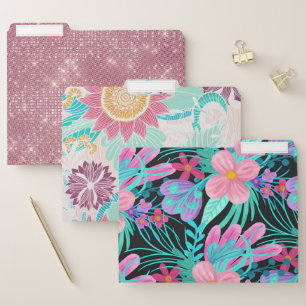 Girly Pink Purple Teal Watercolor Flowers Leaves File Folder
