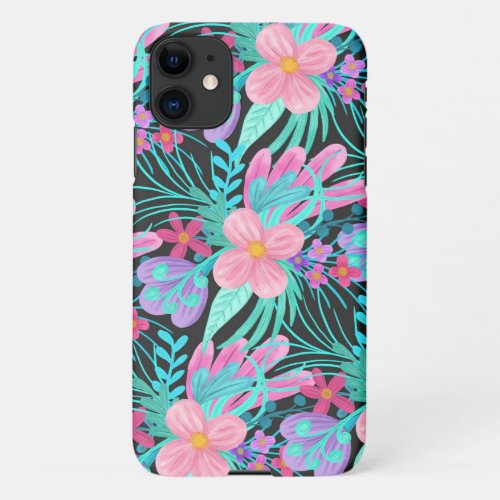 Girly Pink Purple Teal Watercolor Flowers Leaves iPhone 11 Case