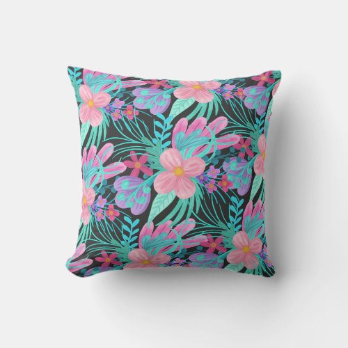 Girly Pink Purple Teal Watercolor Flowers Leaves Outdoor Pillow