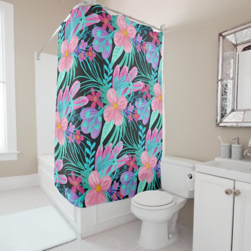 Girly Pink Purple Teal Watercolor Flowers Leaves Shower Curtain