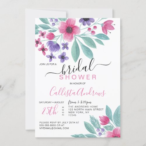 Girly Pink Purple Watercolor Floral Bridal Shower Invitation