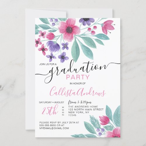 Girly Pink Purple Watercolor Floral Graduation Invitation