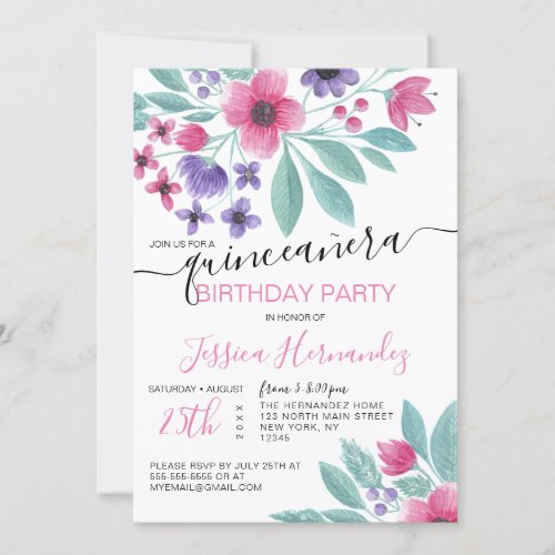 Girly Pink Purple Watercolor Floral Quinceaera Invitation