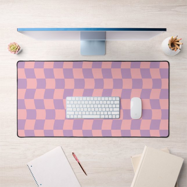 Girly Pink Purple Wavy Checkerboard Aesthetic Desk Mat (Office 1)