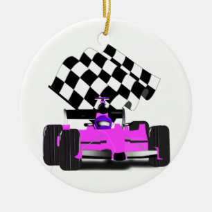 Girly Pink Race Car with Checkered Flag Ceramic Ornament