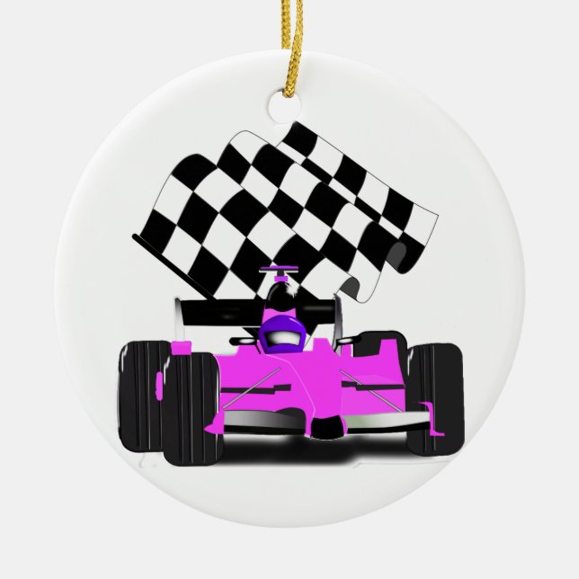 Girly Pink Race Car with Checkered Flag Ceramic Ornament (Front)
