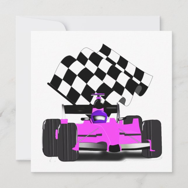 Girly Pink Race Car with Checkered Flag Invitation (Front)