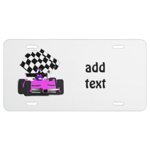 Girly Pink Race Car with Checkered Flag License Plate