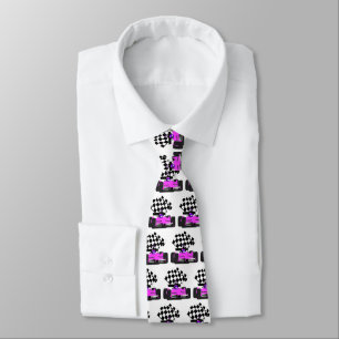 Girly Pink Race Car with Checkered Flag Neck Tie