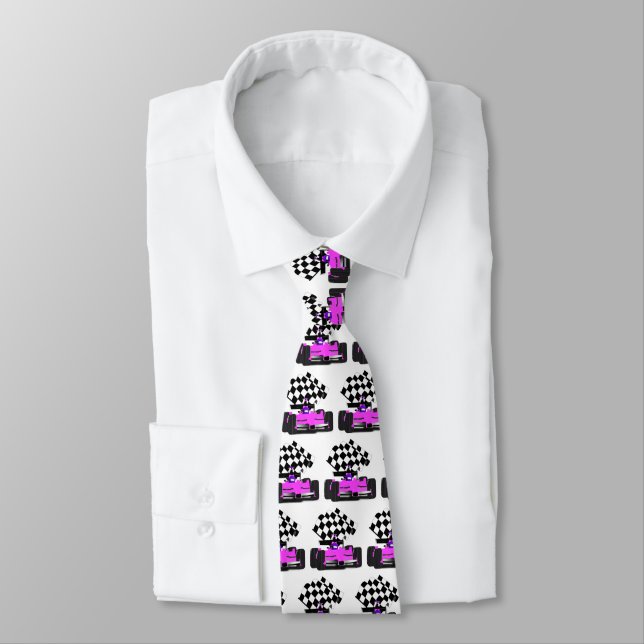 Girly Pink Race Car with Checkered Flag Neck Tie (Tied)