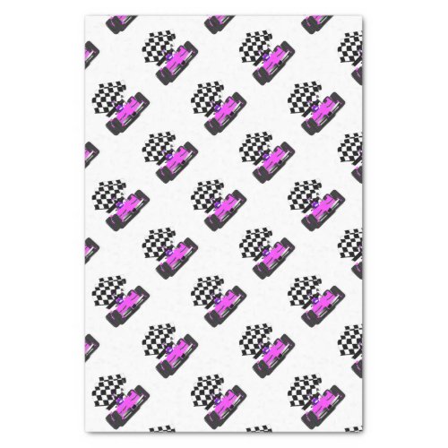 Girly Pink Race Car with Checkered Flag Tissue Paper