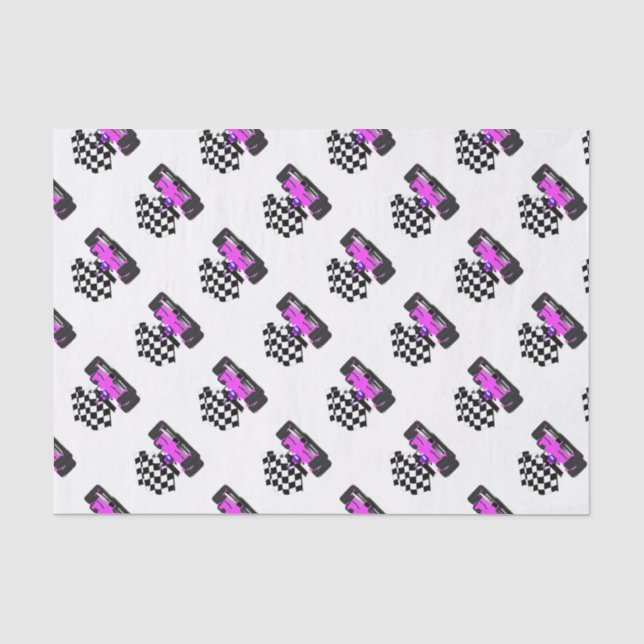 Girly Pink Race Car with Checkered Flag Tissue Paper (Front)