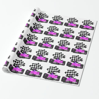 Girly Pink Race Car with Checkered Flag Wrapping Paper