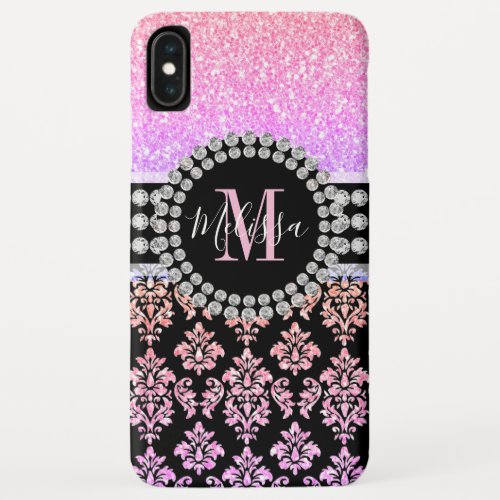 Girly Pink Rainbow Glitter Sparkle Monogram Name iPhone XS Max Case