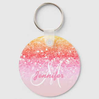 Girly Pink Rainbow Glitter Sparkles Monogram Name Keychain