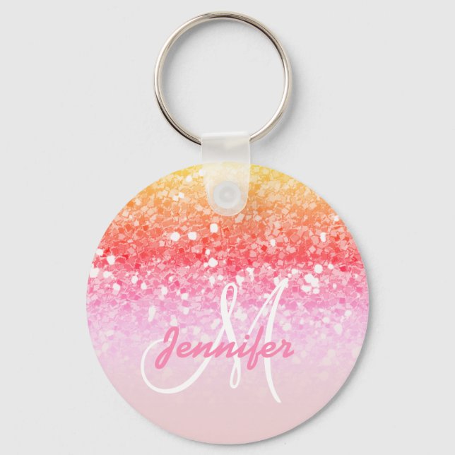 Girly Pink Rainbow Glitter Sparkles Monogram Name Keychain (Front)