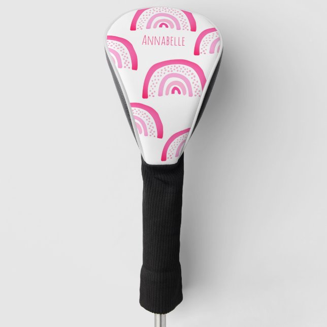 Girly Pink Rainbow Personalized Pattern Golf Head Cover (Front)