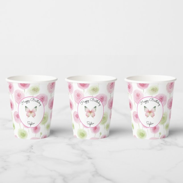 Girly Pink Ranunculus Flowers Birthday Paper Cups (Multi)