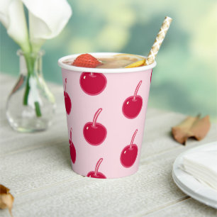 Girly Pink Red Cherries Birthday Paper Cups
