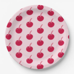 Girly Pink Red Cherries Birthday Paper Plates