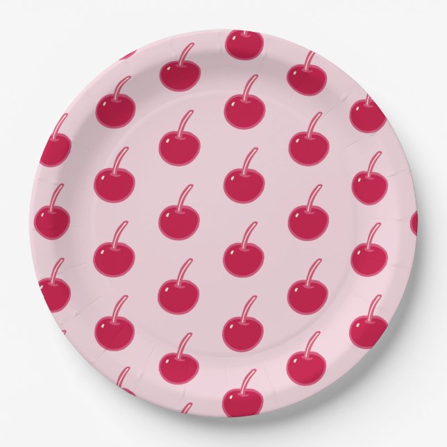 Girly Pink Red Cherries Birthday Paper Plates (Front)