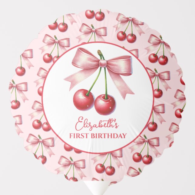 Girly Pink Red Coquette Cherry First 1st Birthday  Balloon (Front)