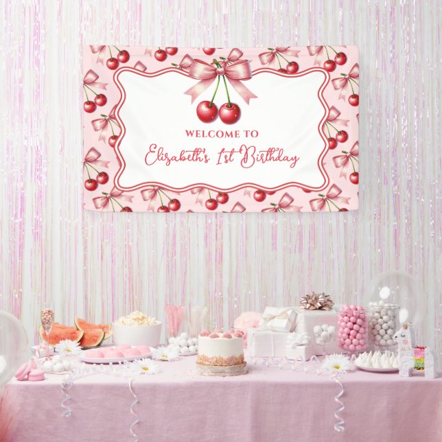 Girly Pink Red Coquette Cherry First 1st Birthday  Banner (Party)
