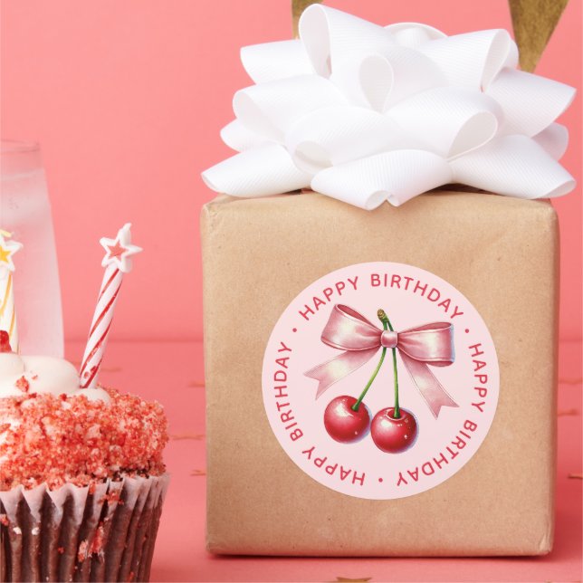 Girly Pink Red Coquette Cherry First 1st Birthday  Classic Round Sticker (Party)