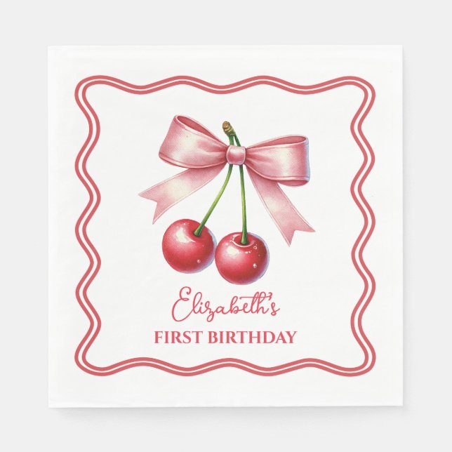 Girly Pink Red Coquette Cherry First 1st Birthday  Napkins (Front)