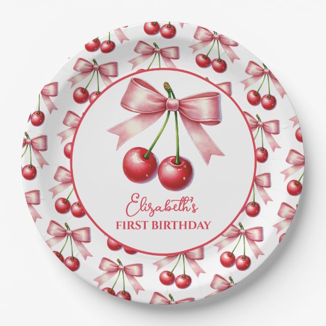 Girly Pink Red Coquette Cherry First 1st Birthday  Paper Plates (Front)