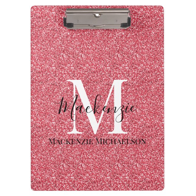 Girly Pink Red Glitter Monogram Name  Clipboard (Front)