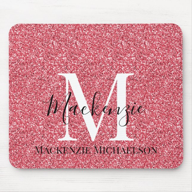 Girly Pink Red Glitter Monogram Name   Mouse Pad (Front)