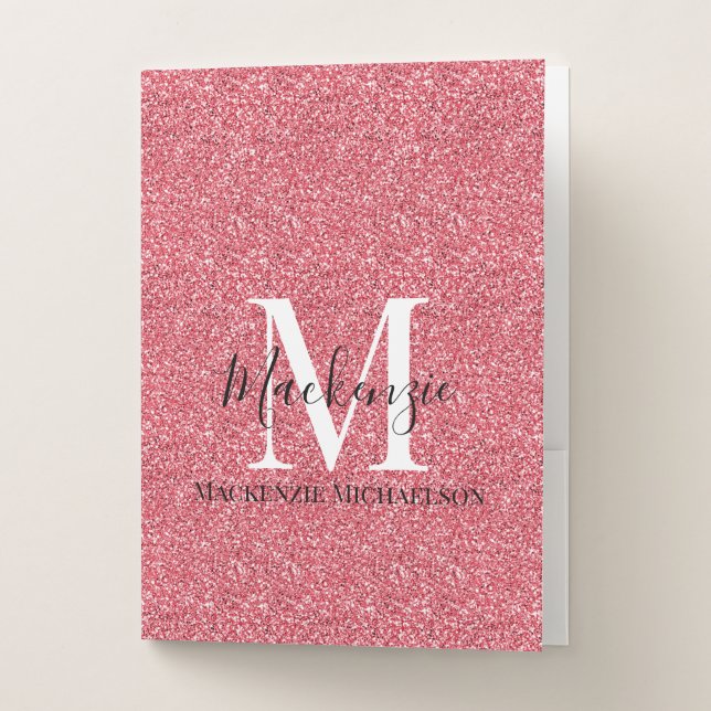 Girly Pink Red Glitter Monogram Name  Pocket Folder (Front)