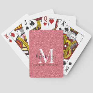 Girly Pink Red Glitter Monogram Name Poker Cards