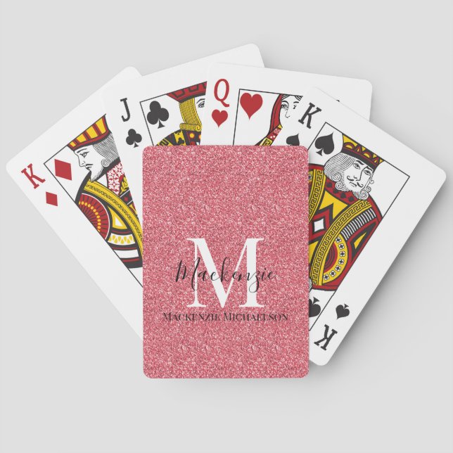 Girly Pink Red Glitter Monogram Name Poker Cards (Back)