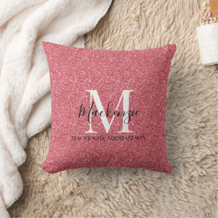 Girly Pink Red Glitter Monogram Name Throw Pillow