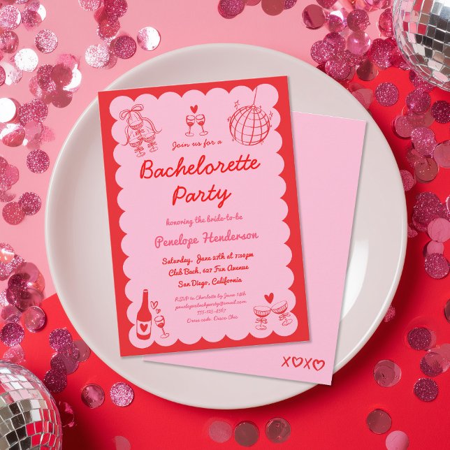Girly Pink Red Hand Drawn Bachelorette Party Invitation (Creator Uploaded)