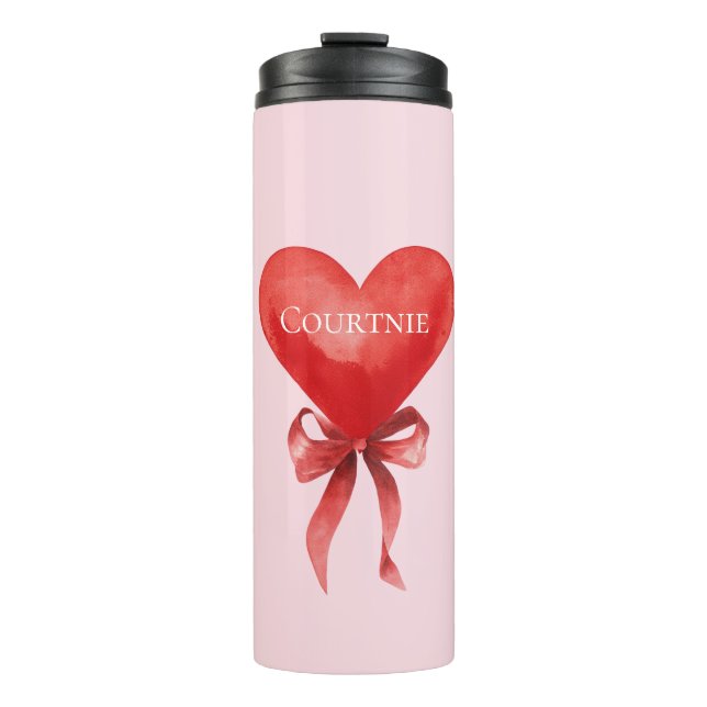 Girly Pink Red Heart Bow Thermal Tumbler (Front)