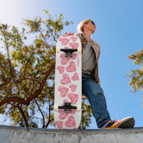 Girly Pink Red Modern Love Hearts Custom Name Skateboard