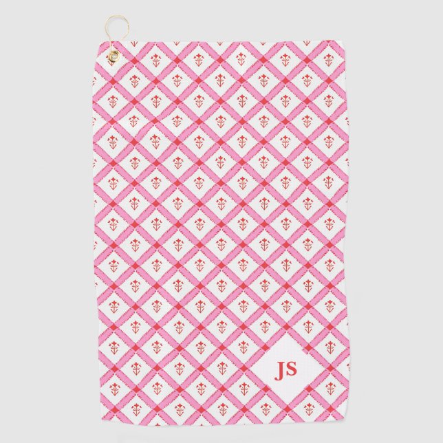 Girly Pink & Red Pattern With Initials Golf Towel (Front)