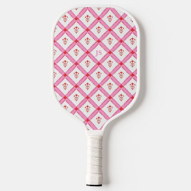 Girly Pink & Red Pattern With Initials Pickleball Paddle (Back)