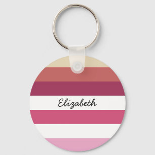 Girly Pink Red Wide Horizontal Stripes With Name Keychain