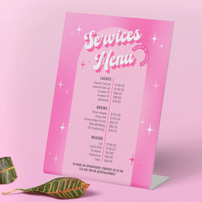 Girly Pink Retro Beauty Spa Lashes Price List Menu Pedestal Sign (Trendy services pricing menu sign design with retro fonts, groovy style and girly pink aesthetic)