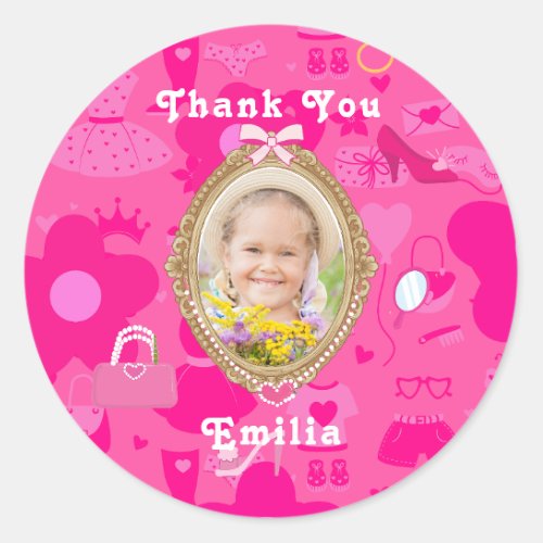 Girly Pink Retro Doll Lets Go Party Birthday Classic Round Sticker