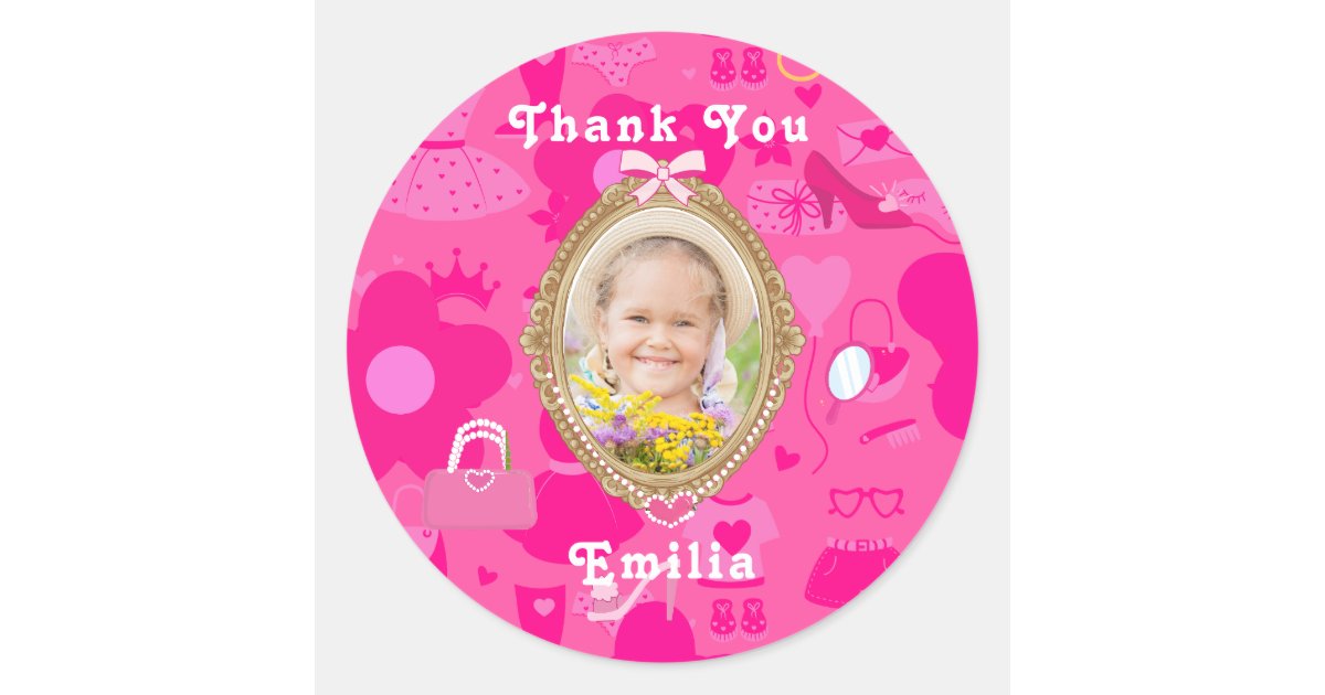 Girly Pink Retro Doll Let's Go Party Birthday Classic Round Sticker ...