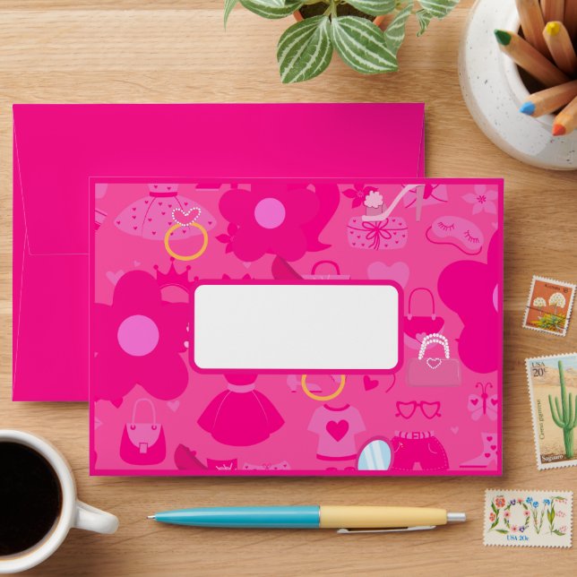 Girly Pink Retro Doll Let's Go Party Birthday Envelope (Desk)