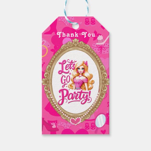 Girly Pink Retro Doll Lets Go Party Birthday Gift Tags